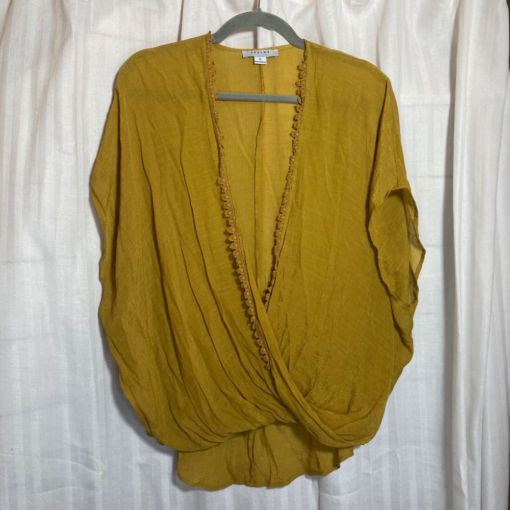 FAVLUX Fashion Women Mustard Yellow Lace Trim Draped Kimono Cardigan Top‎ S Boho